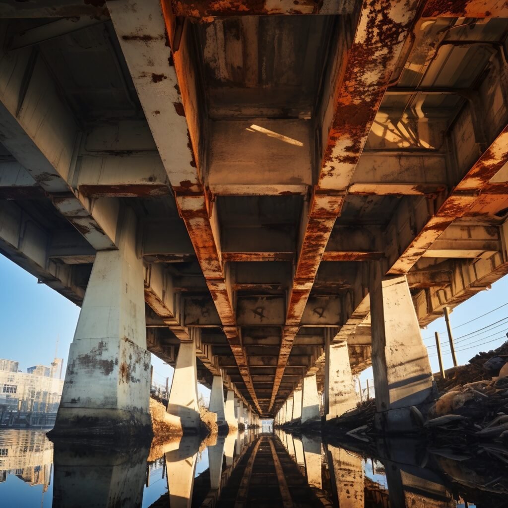 Bridge Underside Perspective Urban Infrastructure in Detailed Stock Image Photography