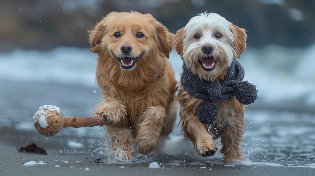 Canine Collaboration – Stock Photography of Two Dogs Retrieving Stick Together at Beach