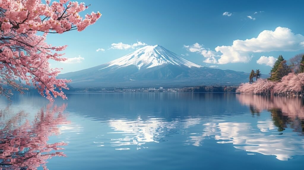 Captivating Spring Landscape Fuji Mountain, Pink Sakura Branches at Kawaguchiko Lake – Stock Photo