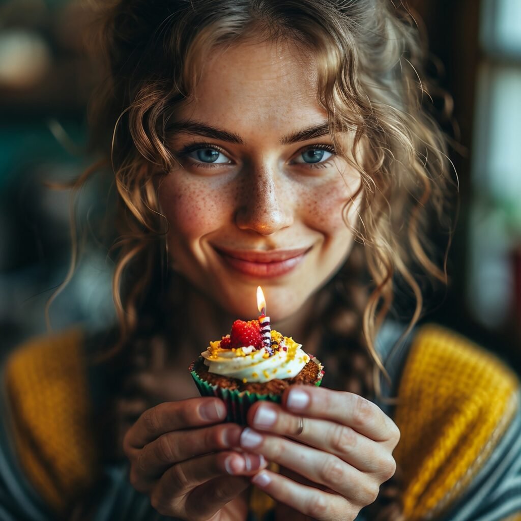 Celebration Lovely Young Woman with Retro Hairstyle Holds Birthday Cupcake, Happy, Cute, Curly