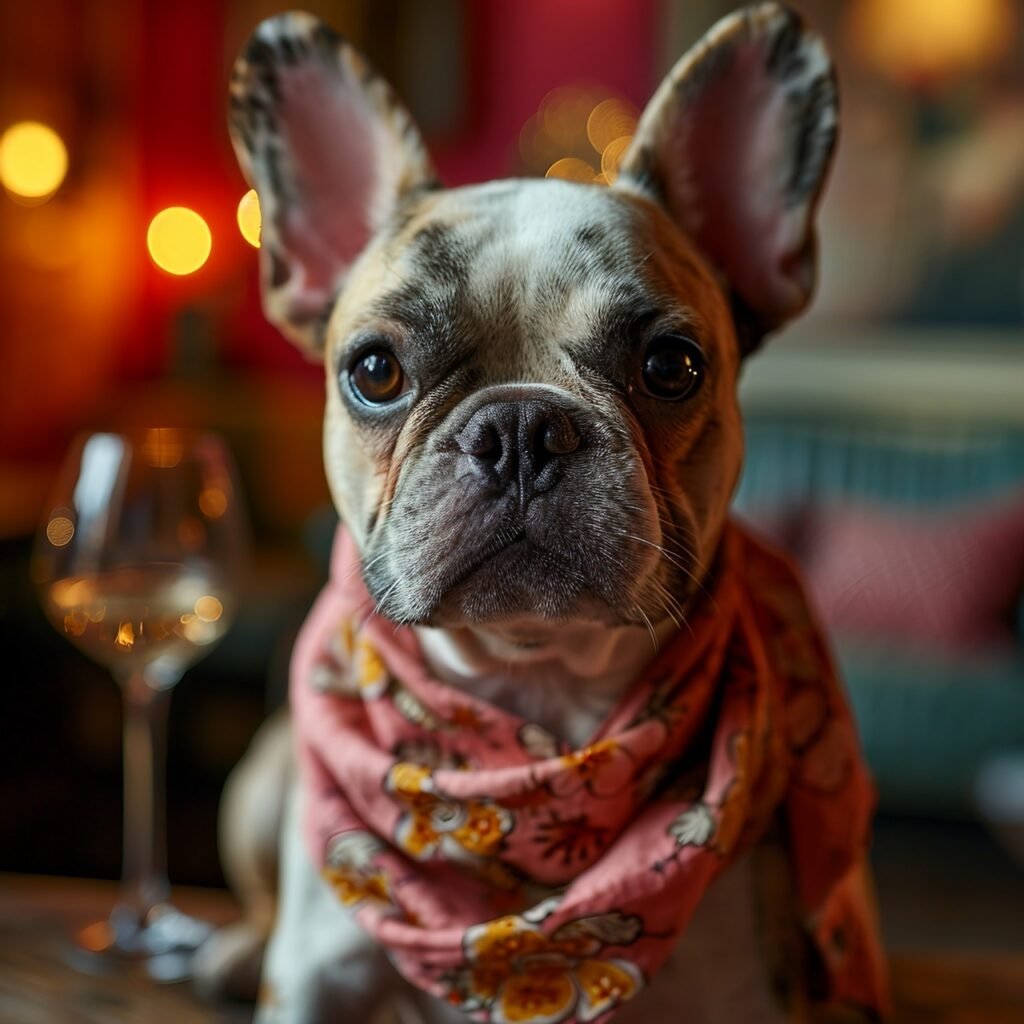 Celebration with French Bulldog Champagne Glass, Victory or Peace Fingers, Cute Dog Pose