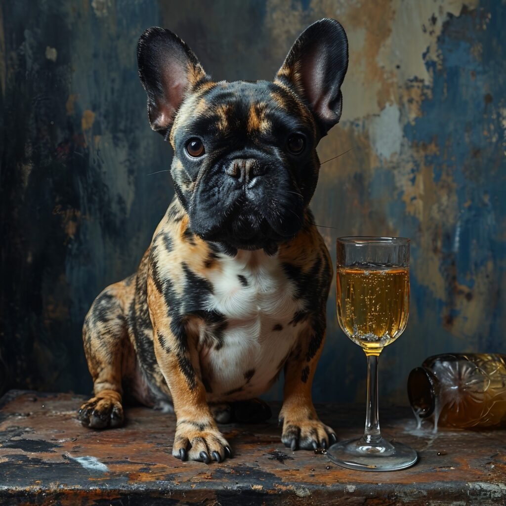 Celebratory French Bulldog Champagne Glass, Victory or Peace Fingers, Cute Dog Pose