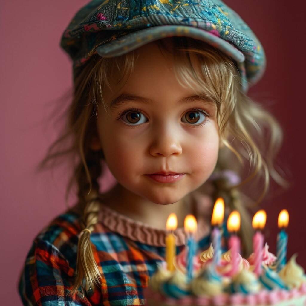 Celebratory Moment Happy Girl in Cap Makes Birthday Wish, Blows Cake Candles. Pink Background, Text Space