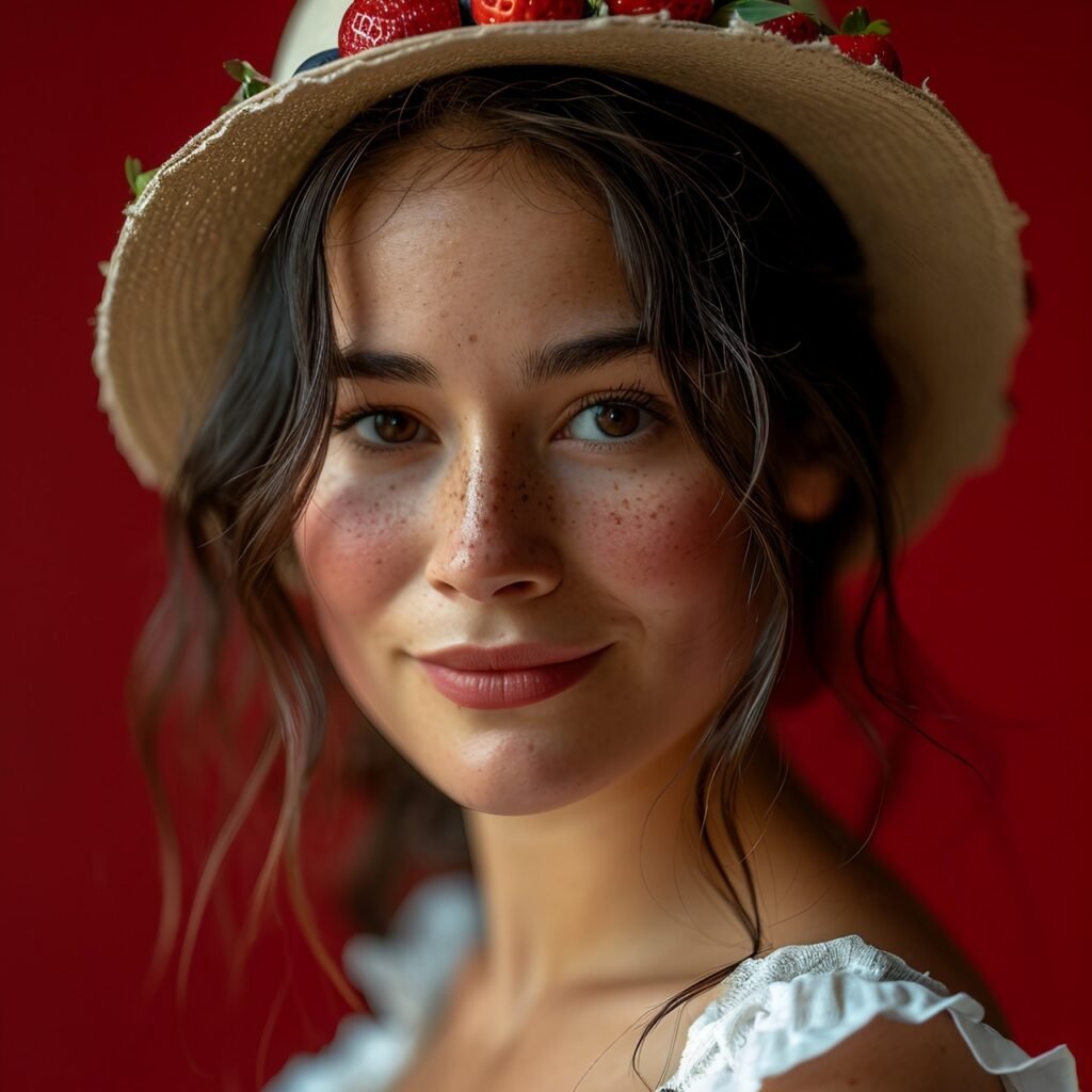 Cheerful Brunette Girl in Hat Showing Birthday Cake Beautiful Isolated Portrait