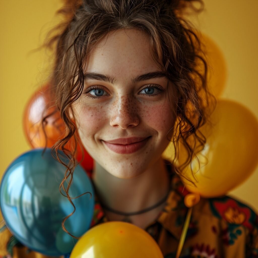 Cheerful Celebration Young Woman in Casual Clothes with Colorful Helium Balloons for Birthday Party