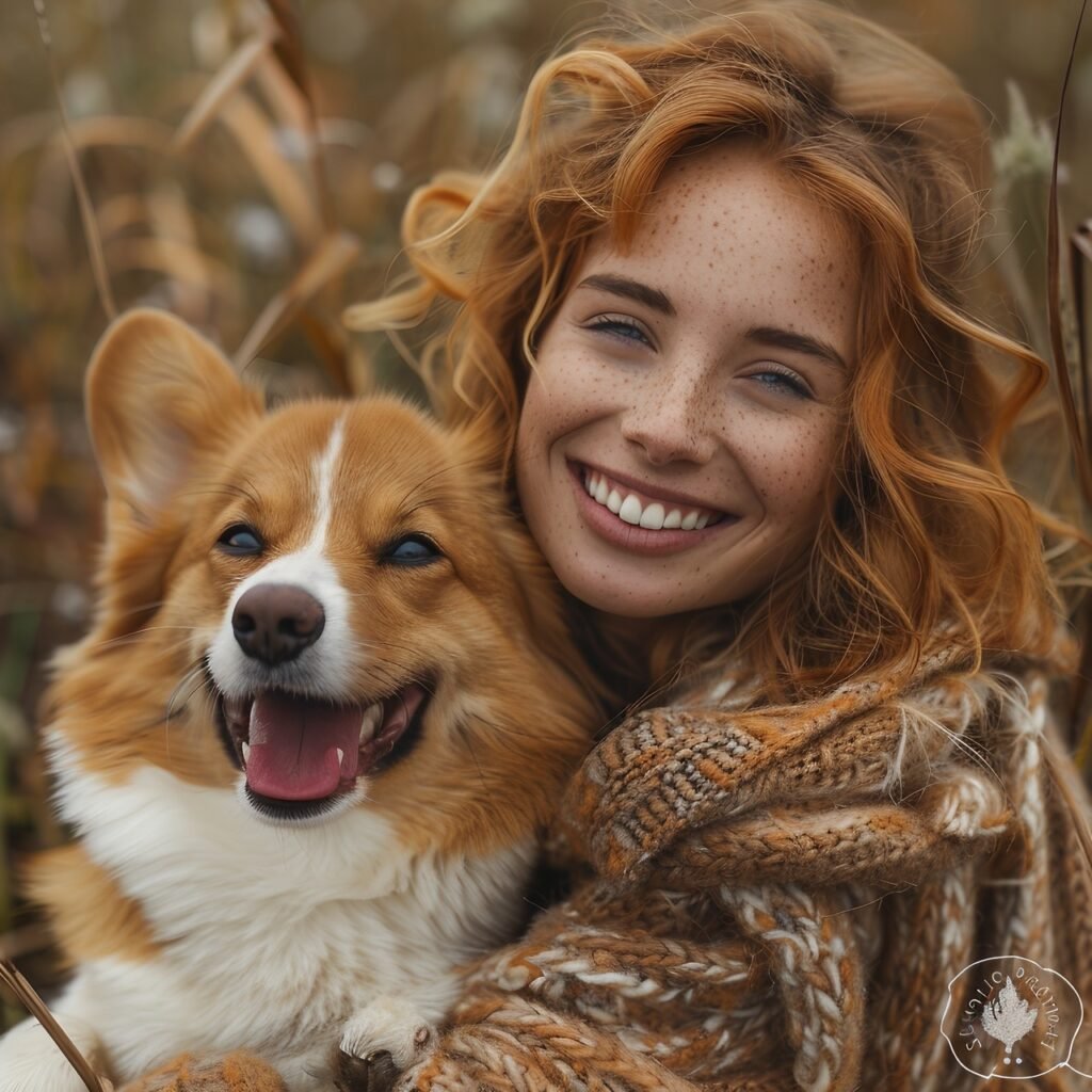 Cheerful Corgi Puppy Portrait – Stock Photography of Young Woman with Nature Background