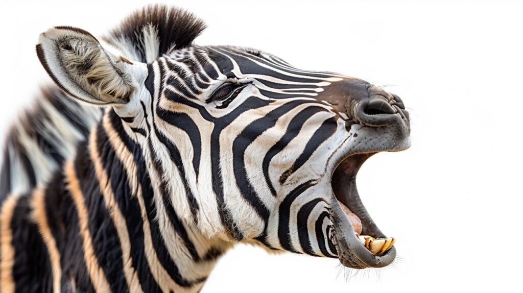 Cheerful Zebra Yawning – Stock Image Capturing a Laughing Zebra with a Humorous Face