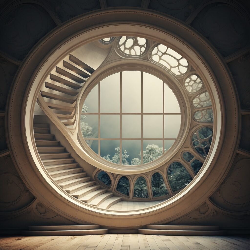 Circular Window with Spiral Staircase High-Quality Stock Image for Architectural Design Collections