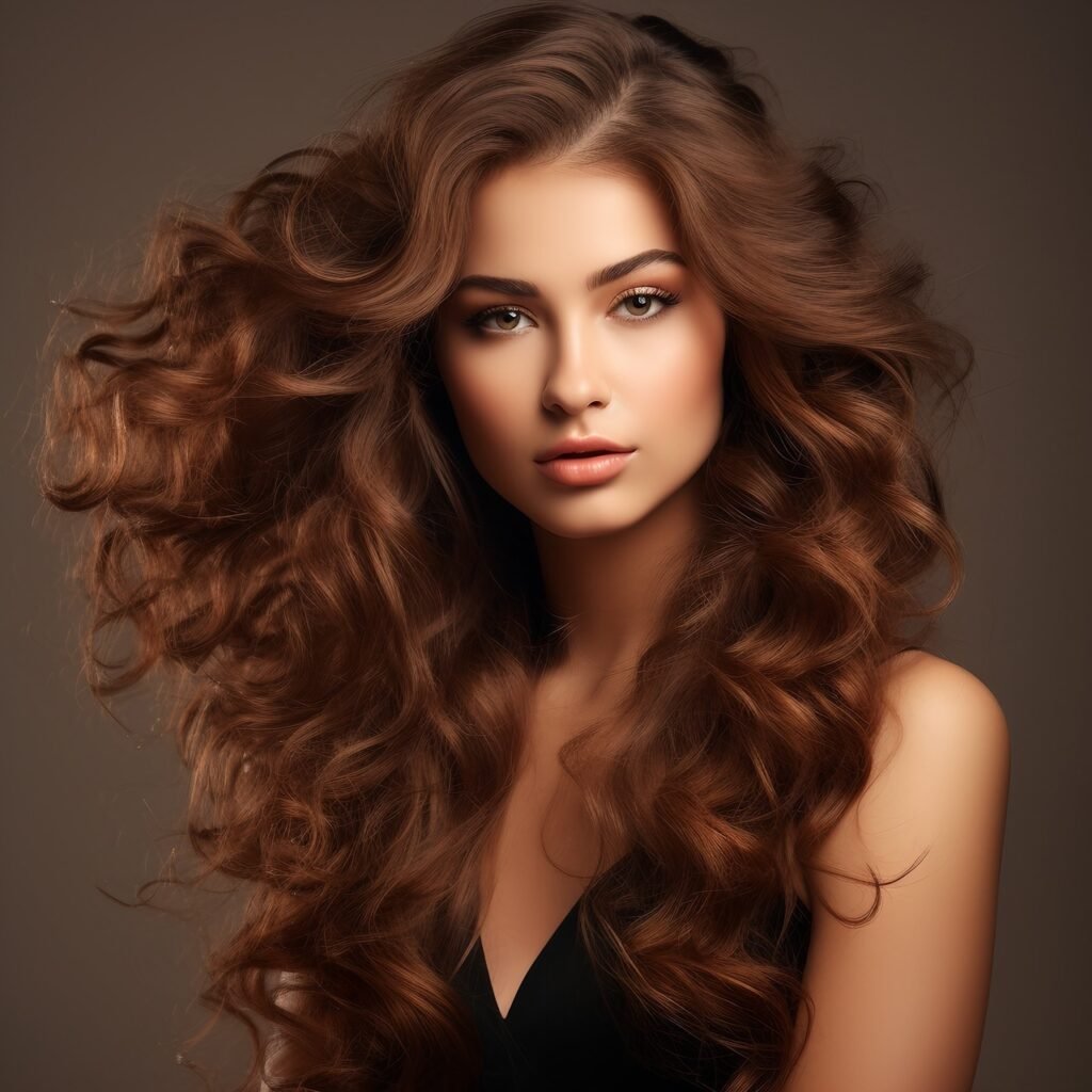 Classic Makeup Beauty Brown-Haired Girl with Perfect Curls – Studio Portrait Stock Photo