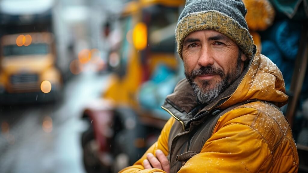 Commercial Docker Outdoors Shipping Yard Worker – Stock Image with Truck in Background