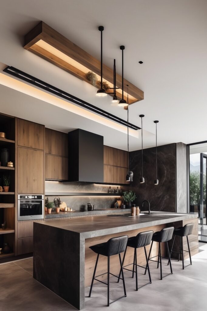 Contemporary kitchen scene with dual stools at countertop