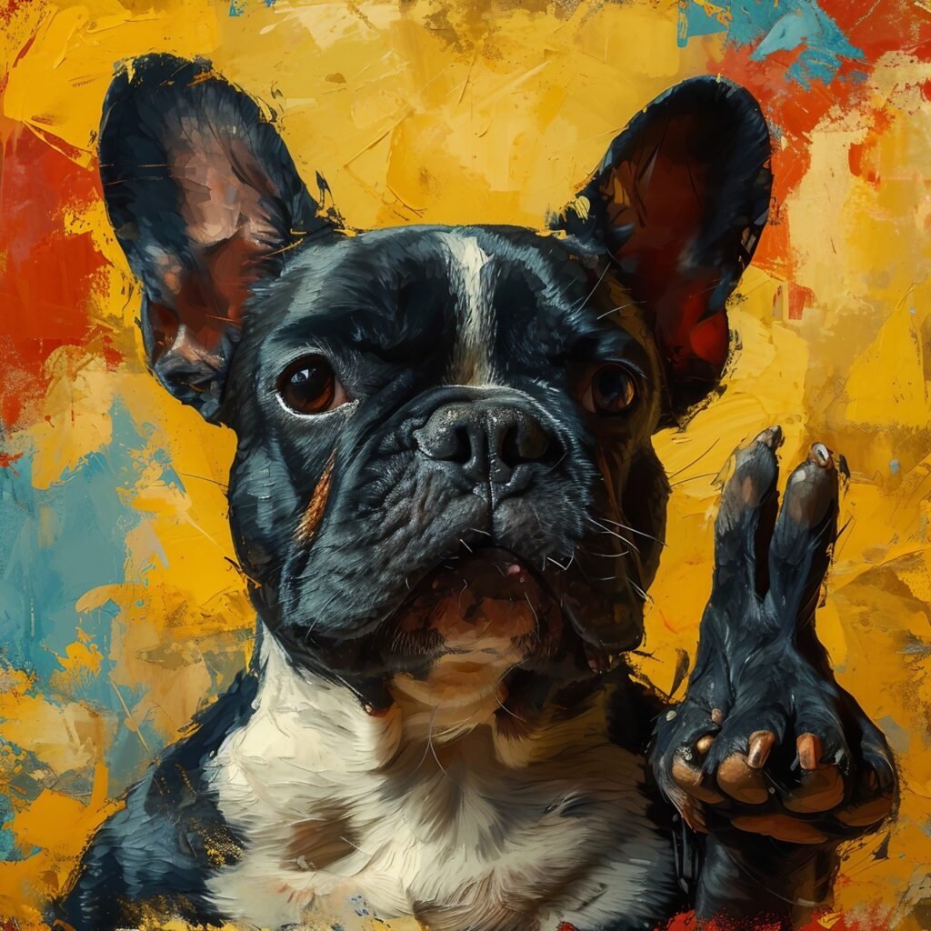 Cute French Bulldog Poses with Champagne Glass, Victory or Peace Fingers Celebration Scene