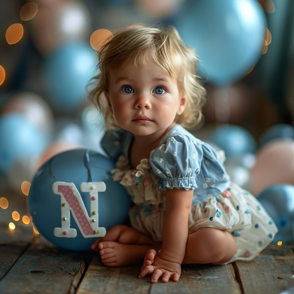 Cute Infant Girl with ‘One’ and Balloons – First Year Celebration Stock Photo