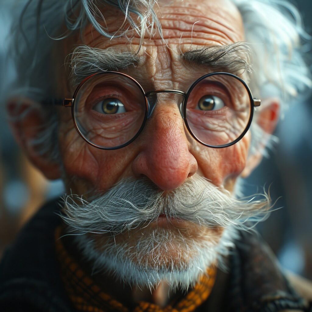 Detailed 3D close-up of an elder cartoon character, ideal for digital media and creative designs