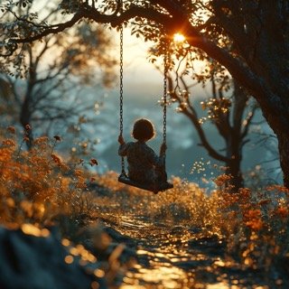 Detailed 3D render of a joyful boy on a swing, capturing the essence of childhood play