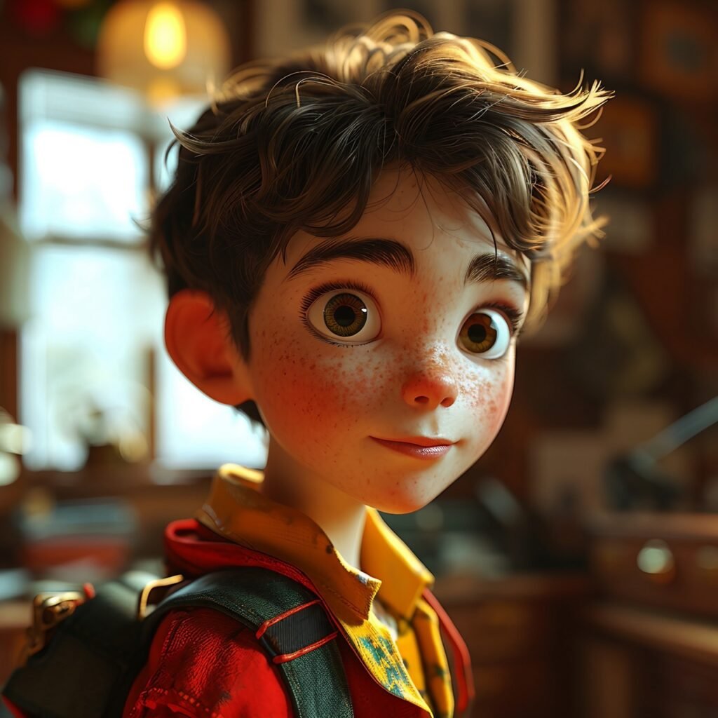 Detailed 3D render of a schoolboy in cartoon form, returning to class with an AI-generated caricature face