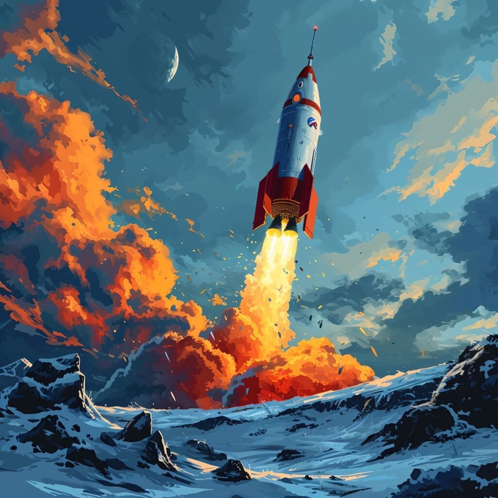 Digital art Flat vector depiction of a 3D cartoon-style rocket launch in outer space