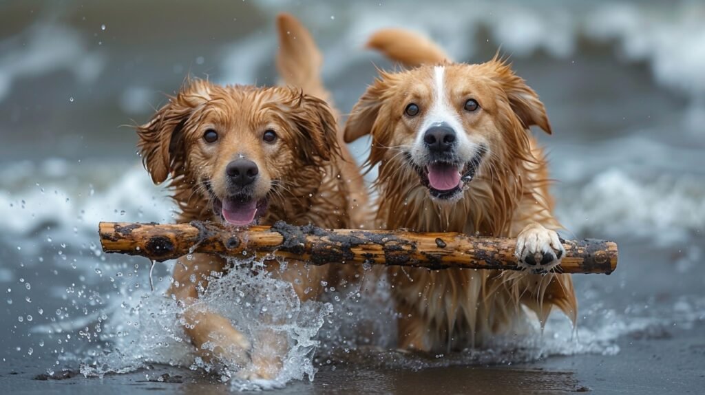 Dogs’ Teamwork – Stock Photo Showing Two Dogs Retrieving Same Stick Together on Beach