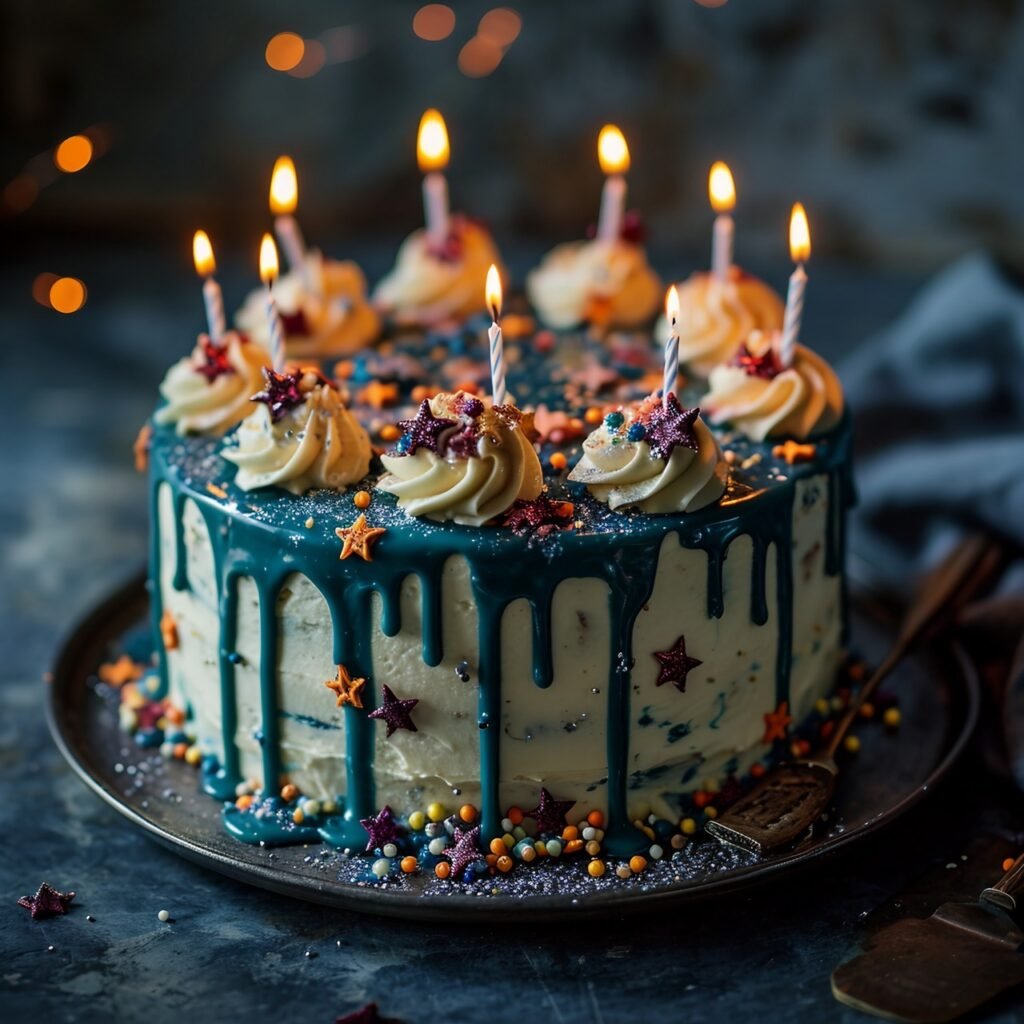 Elegant Celebration White Birthday Cake with Teal Ganache, Star Toppers, and Fun Candles