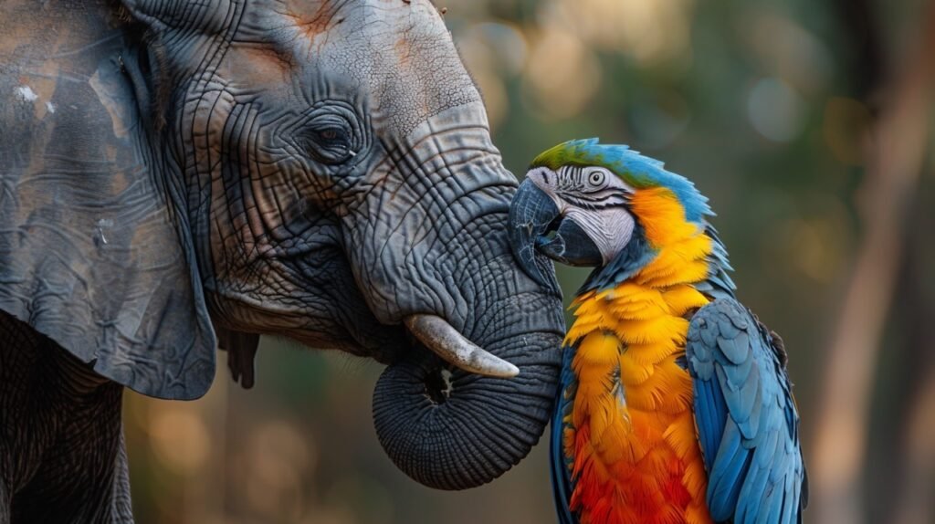 Elephant and Parrot Close-up – Stock Image of Animal Pair