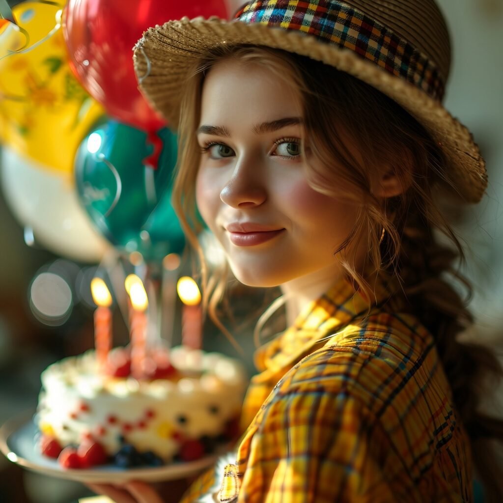 Excited Young Woman Celebrating Happy, Fun, Amazed, Casual Outfit, Hat, Colorful Balloons, Cake, Candles