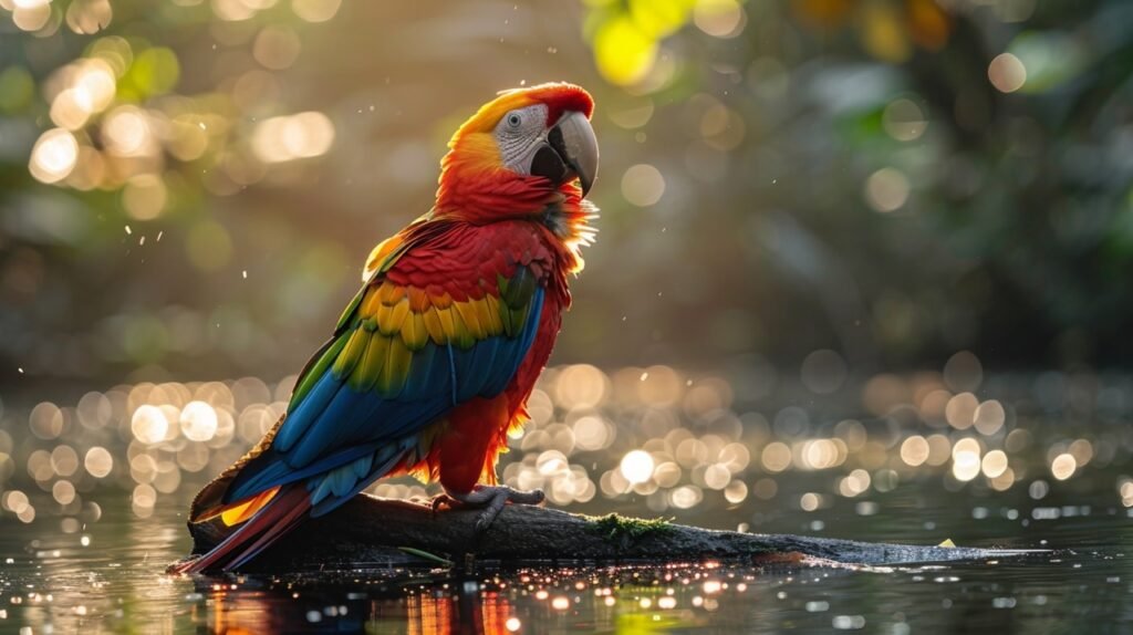 Exotic Parrots, Amazon Rainforest Village – Stock Picture Brazil Amazonas South America