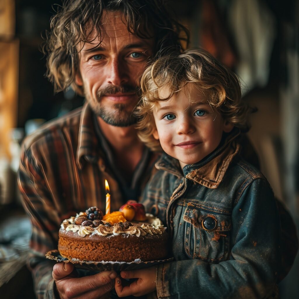 Family Bonding Cute Boy and Father with Birthday Cake in Hand