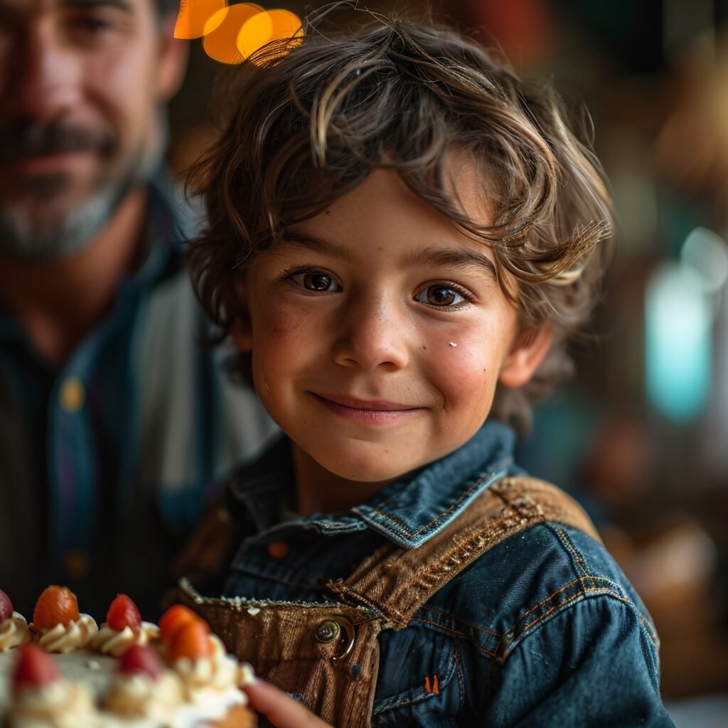 Father and Cute Boy Holding Birthday Cake Heartwarming Celebration Moment