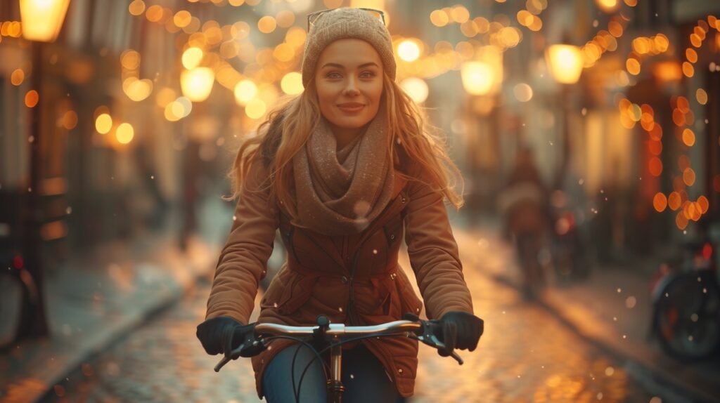 Female Commuter Cycling in City – Stock Photo of Urban Transportation