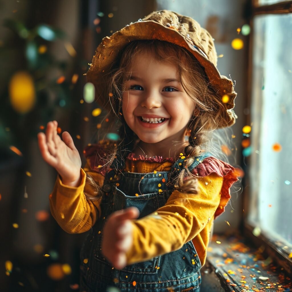 Festive Birthday Child Girl Celebrating with Confetti on Yellow Background, Happy Moment