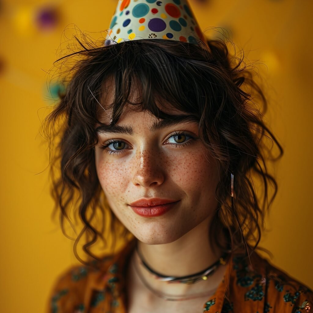 Festive Yellow Background Young Woman with Party Hat and Noisemaker Celebrating