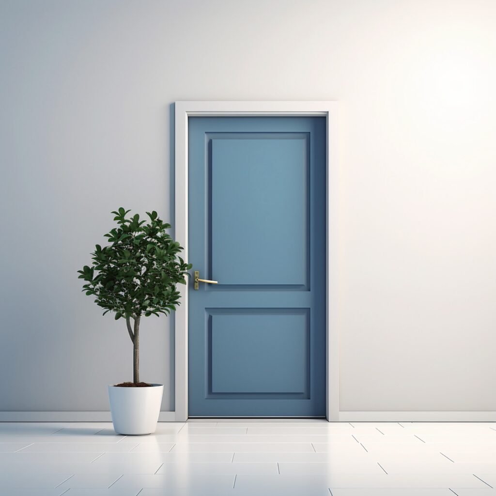 Free HD Photo Blue Door with Plant, Pathway Background for Stock Image Websites