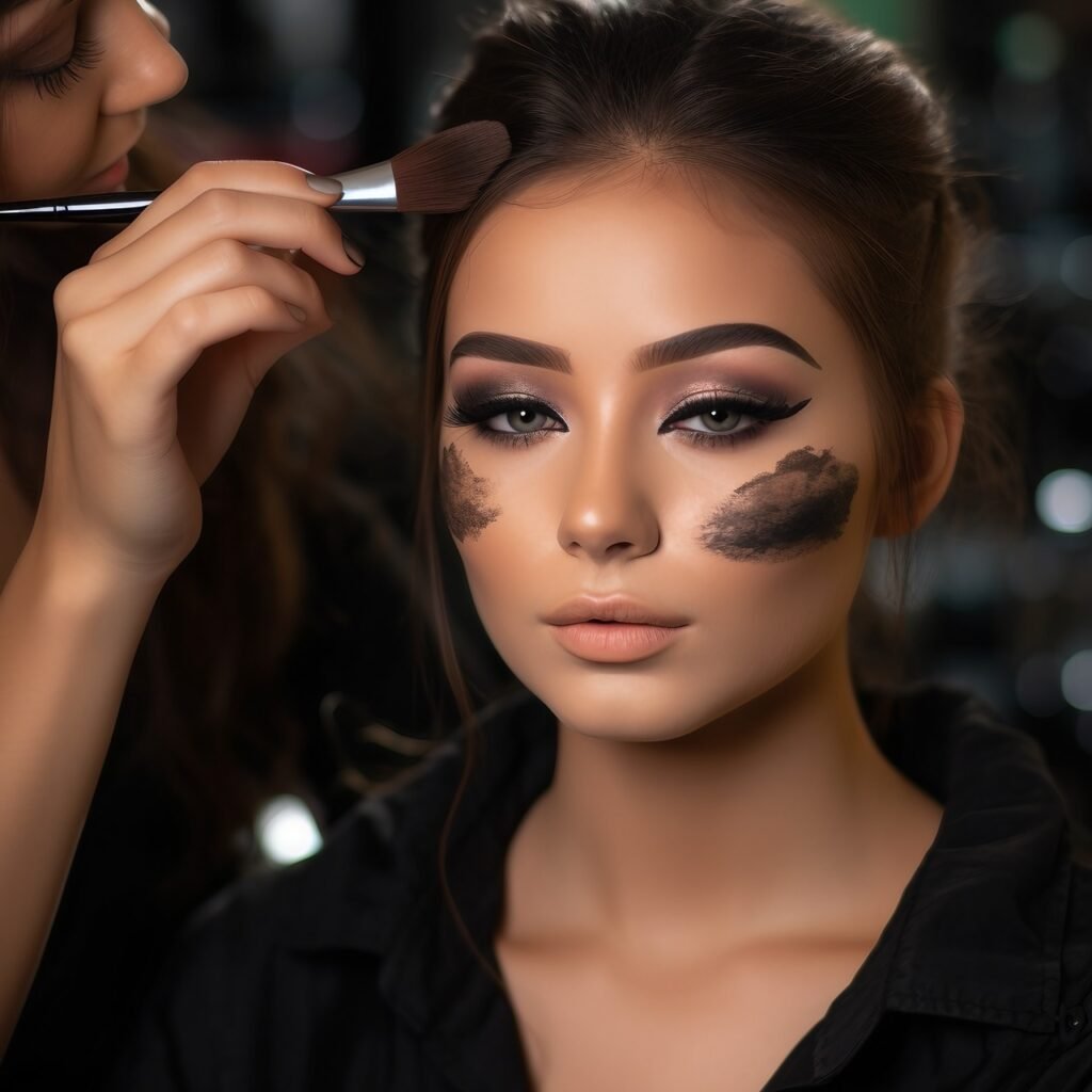 Girl applies face powder, finishes smokey eye makeup in a professional beauty salon for skin care