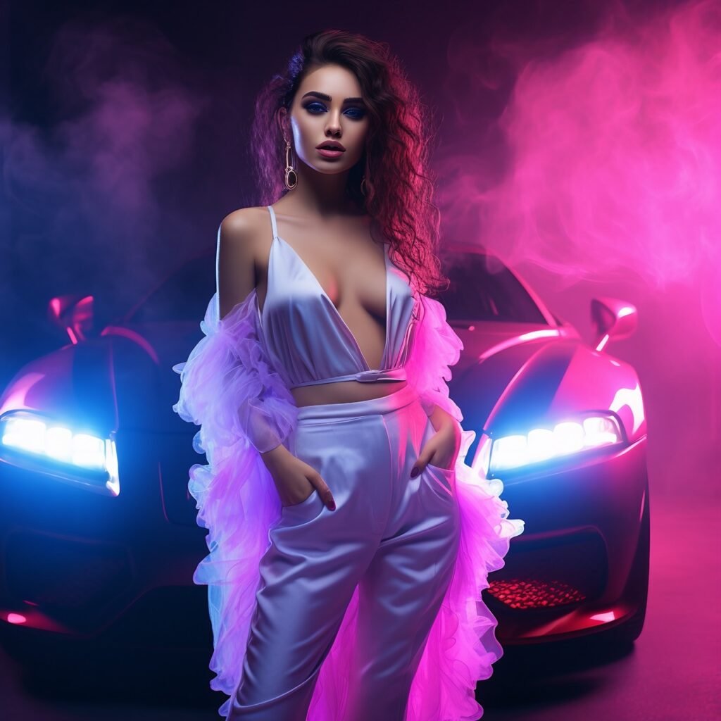 Girl posing near a luxury car with realistic studio ambiance of lights, neon, and smok