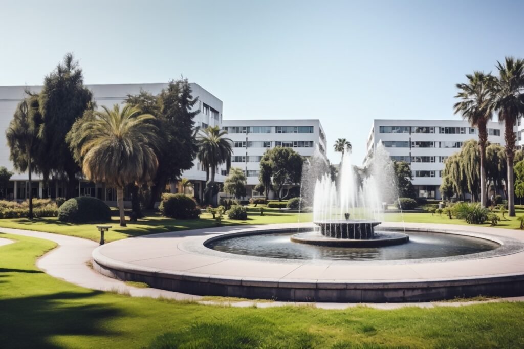 Grand white edifice featuring a fountain in its foreground, an elegant architectural wonder