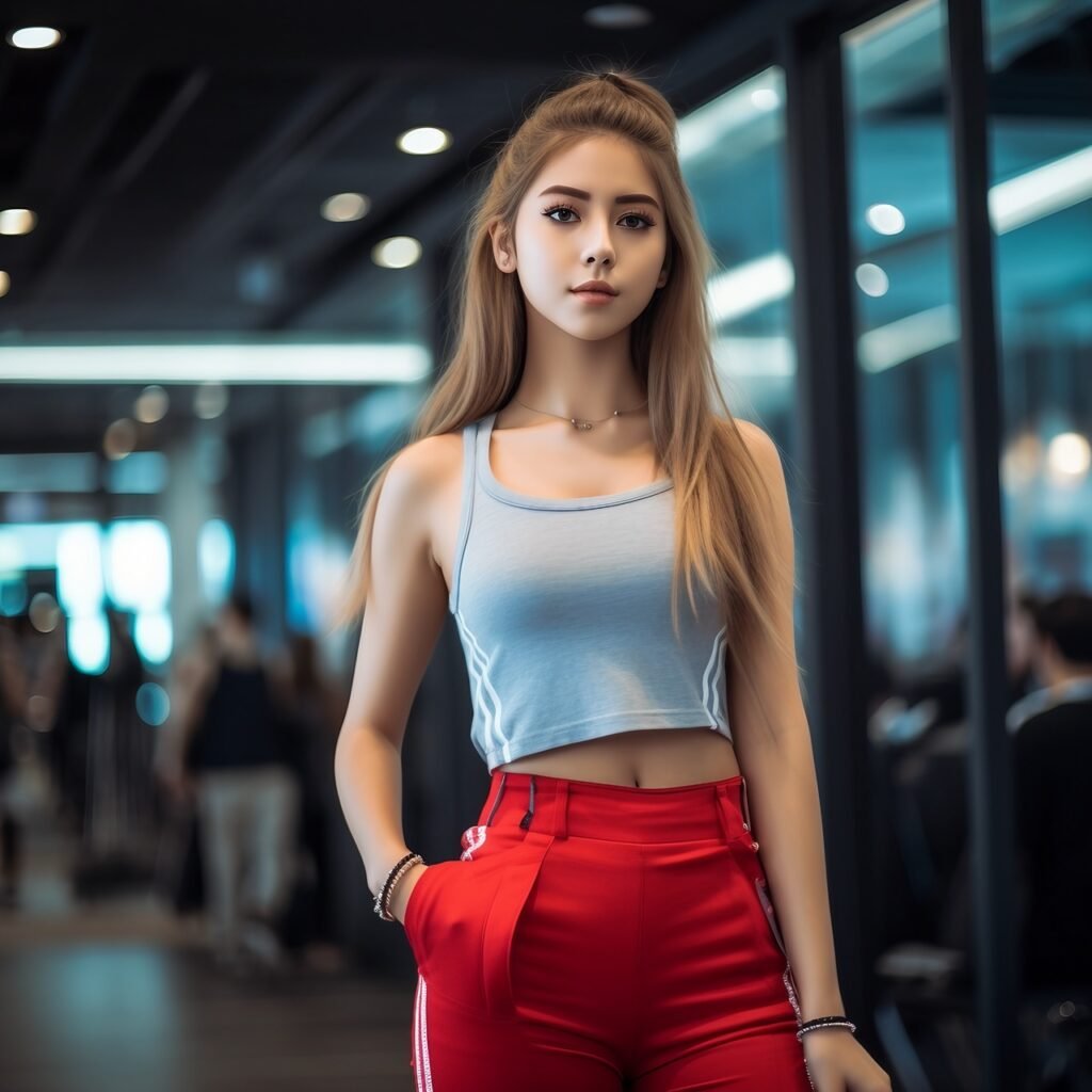 Gym glamour 20-year-old girl in fashionable attire stands confidently, blending fitness and style seamlessly