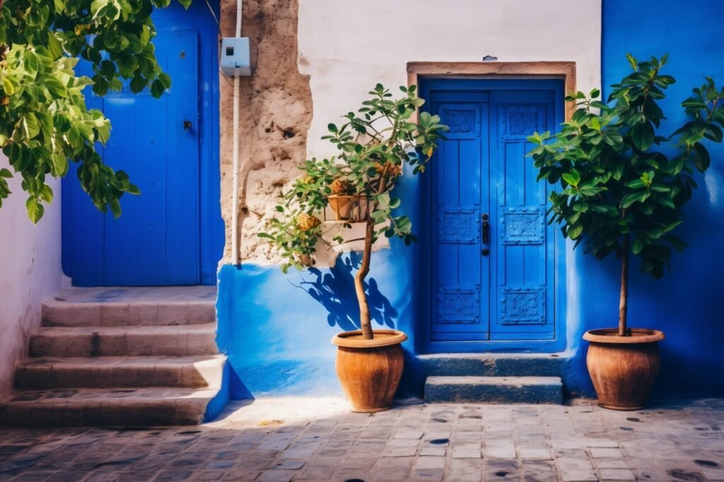 HD Image Download Blue Door, Plant by Path, Perfect for Stock Image Websites