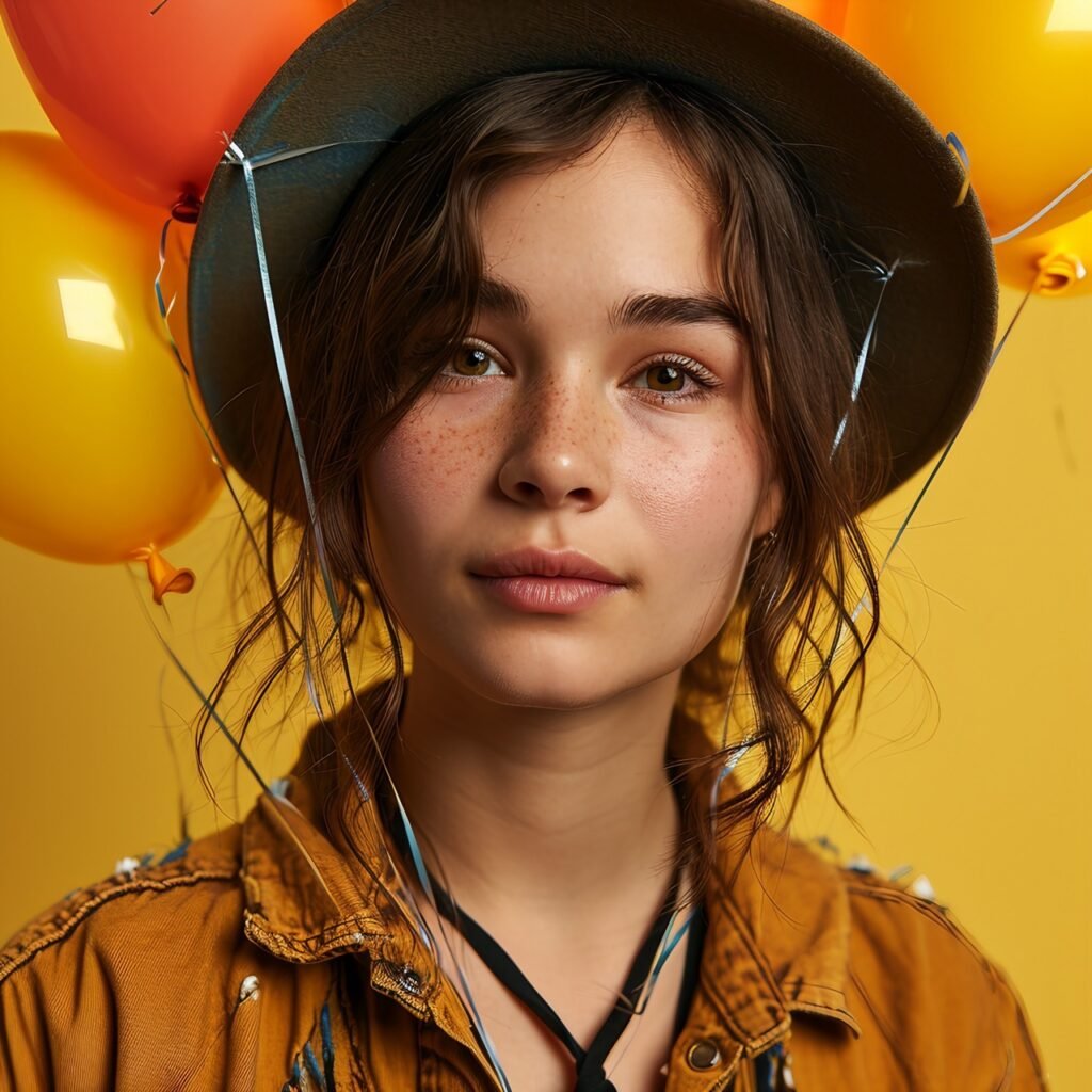 Happy Celebration Fun, Excited Young Woman in Casual Clothes, Hat, Colorful Balloons, Cake, Candles, Isolated Image