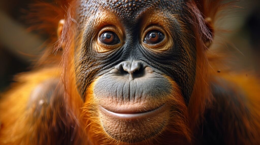 Happy Orangutan Portrait – Close-Up Stock Image Featuring a Playful and Smiling Ap