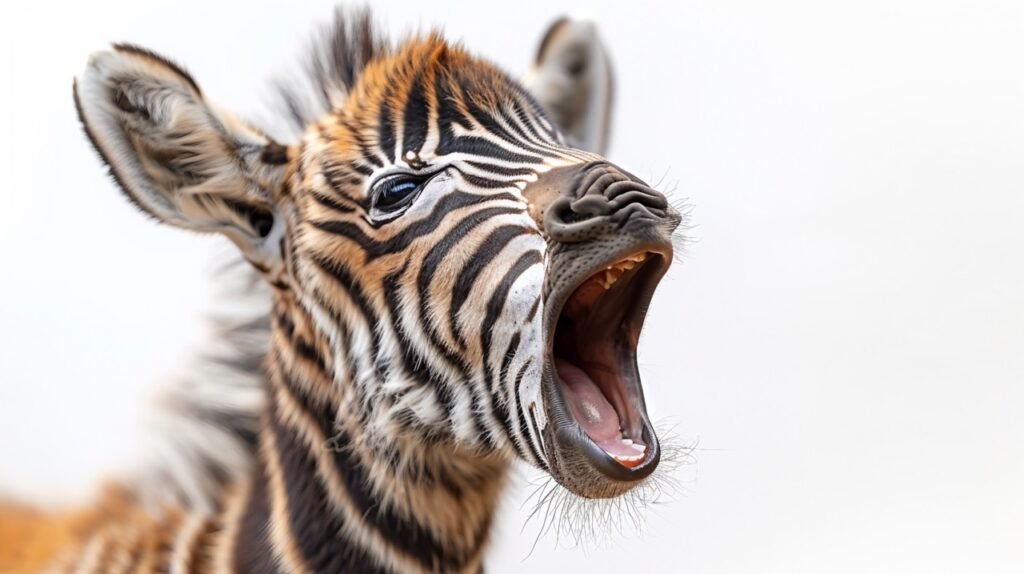 Humorous Zebra Portrait – Stock Photography of a Laughing Zebra Yawning on White Background