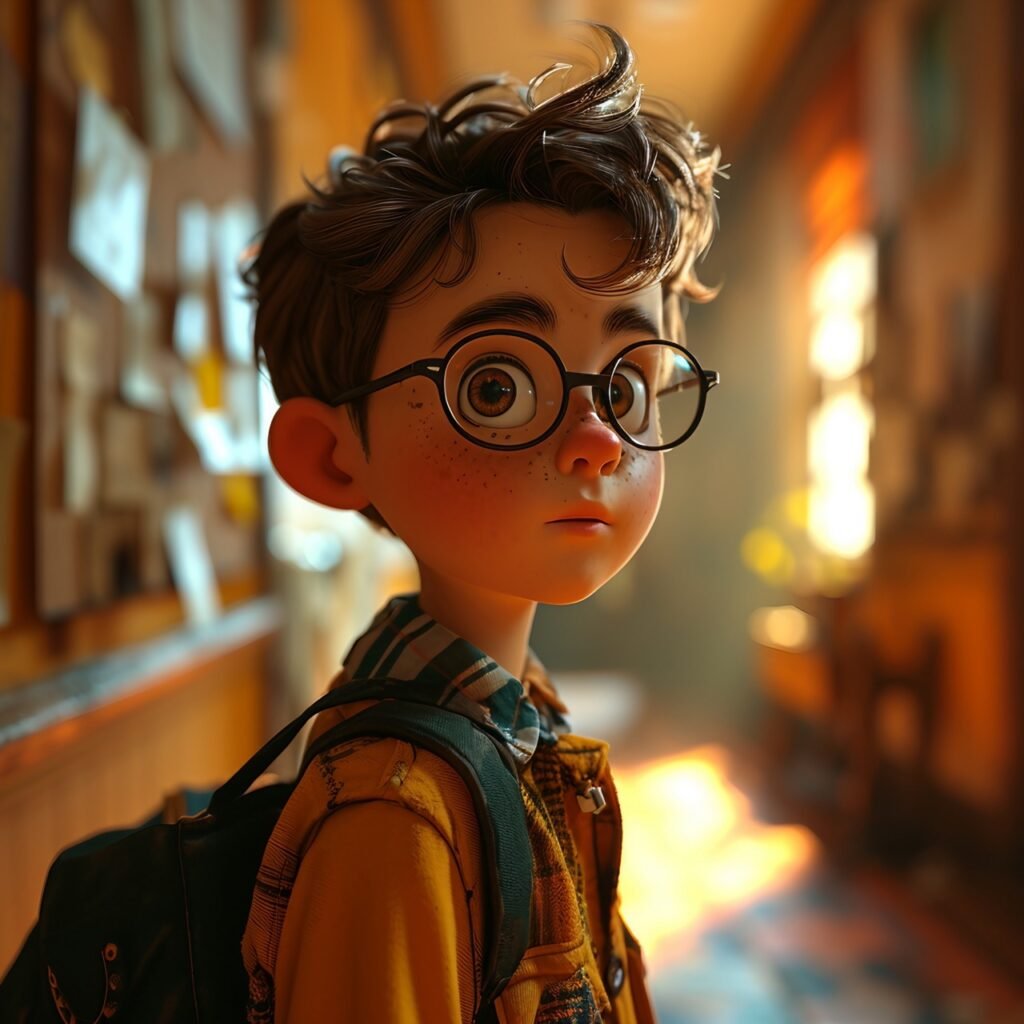 Innovative 3D illustration Schoolboy as a cartoon character, with a caricature face generated using AI technology