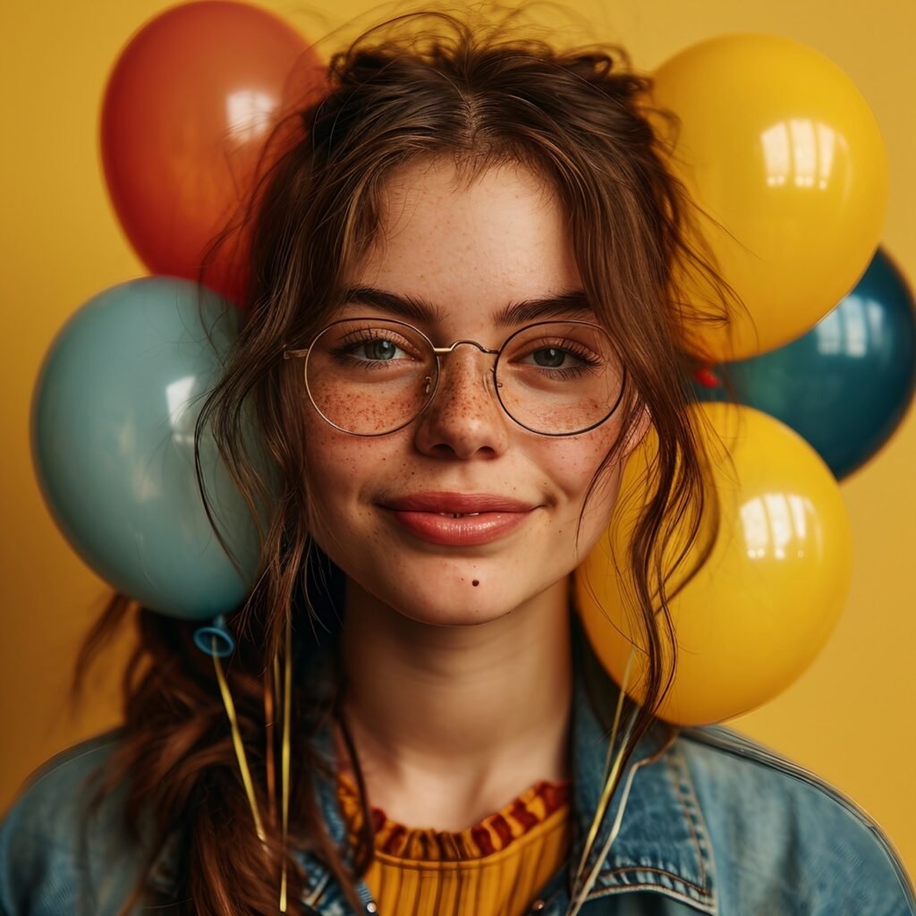 Joyful Birthday Celebration Young Woman in Casual Clothes Holding Colorful Helium Balloons