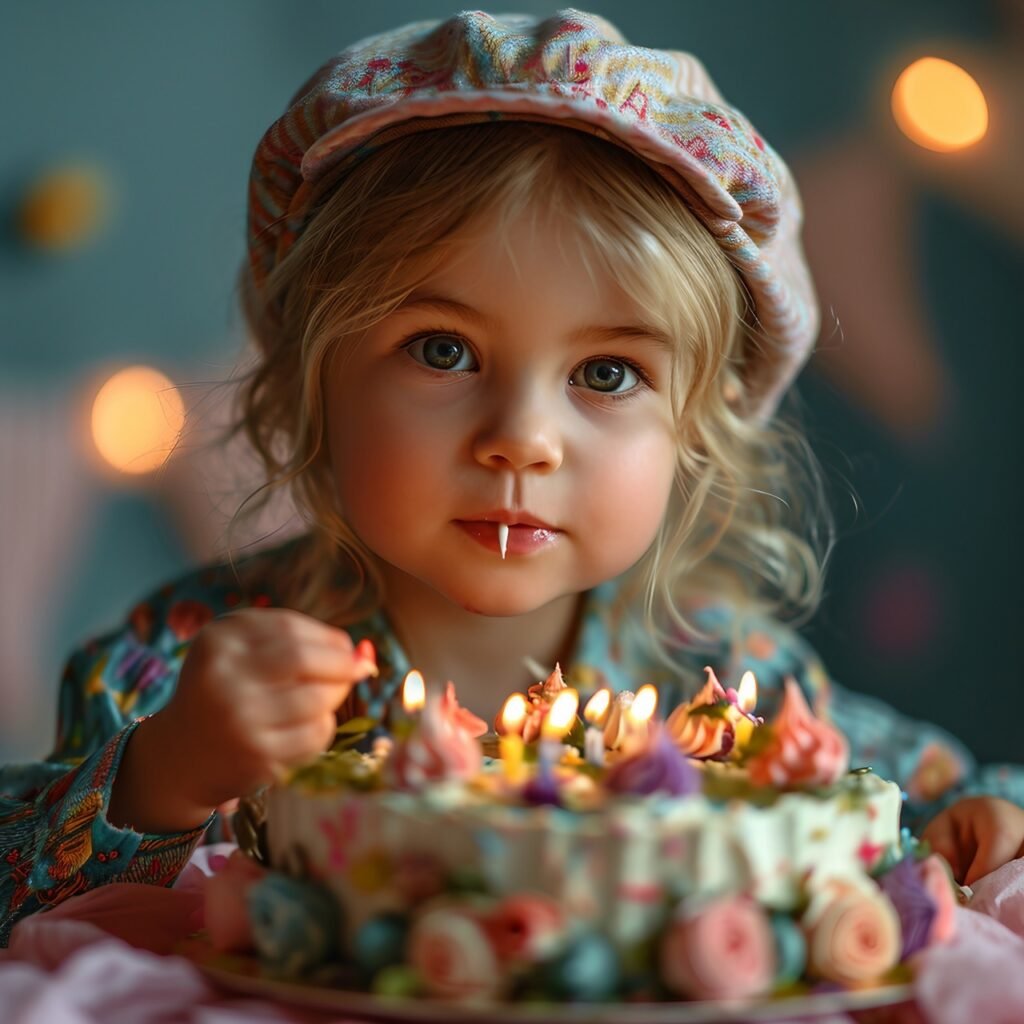 Joyful Birthday Happy Girl in Cap Makes Wish, Blows Out Cake Candles. Pink Background, Ample Text Space