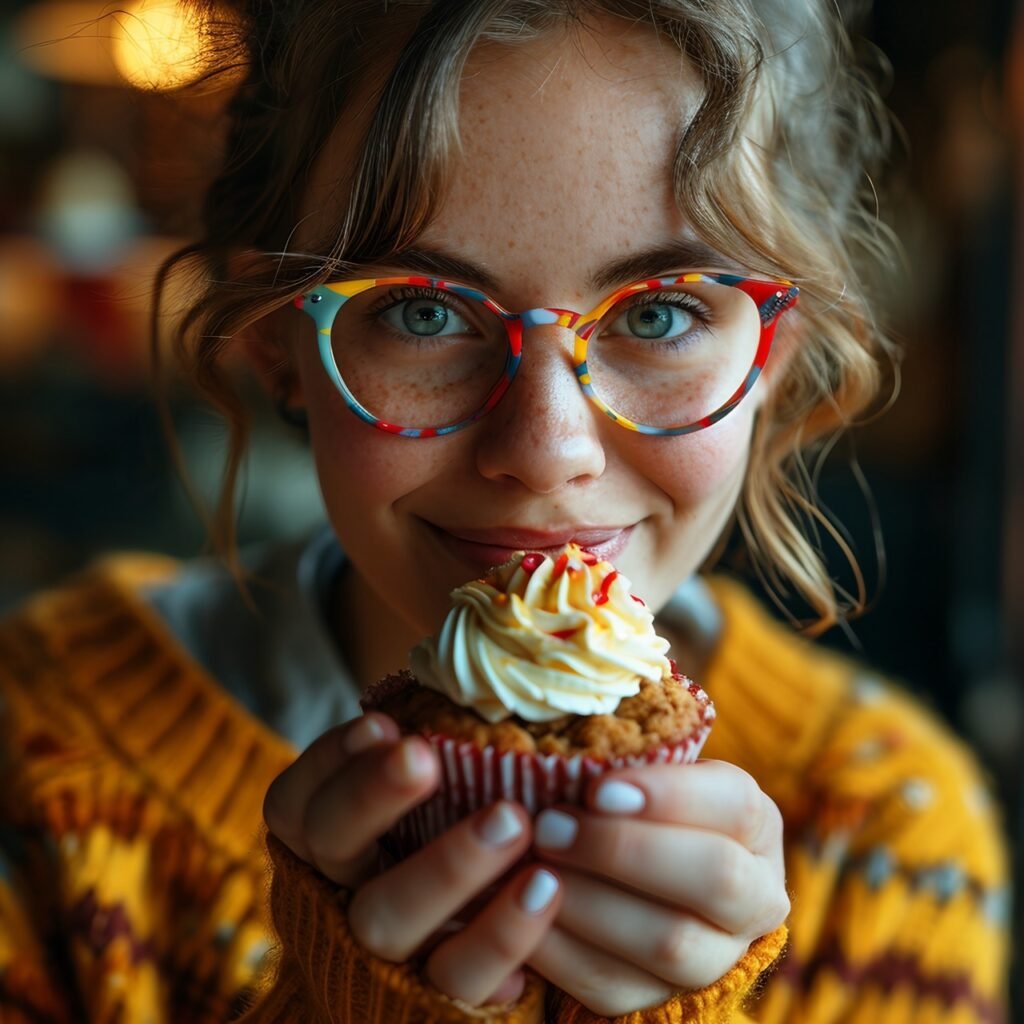 Joyful Birthday Woman in Novelty Glasses Holds Cupcake, Enjoying Festive Celebration, Happy Moment