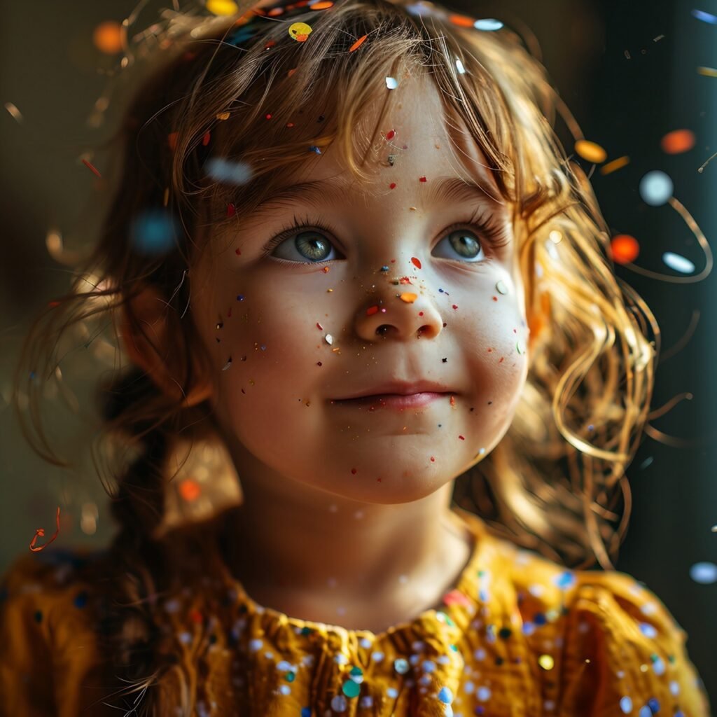 Joyful Celebration Child Girl with Confetti on Yellow Background, Happy Birthday Festivity