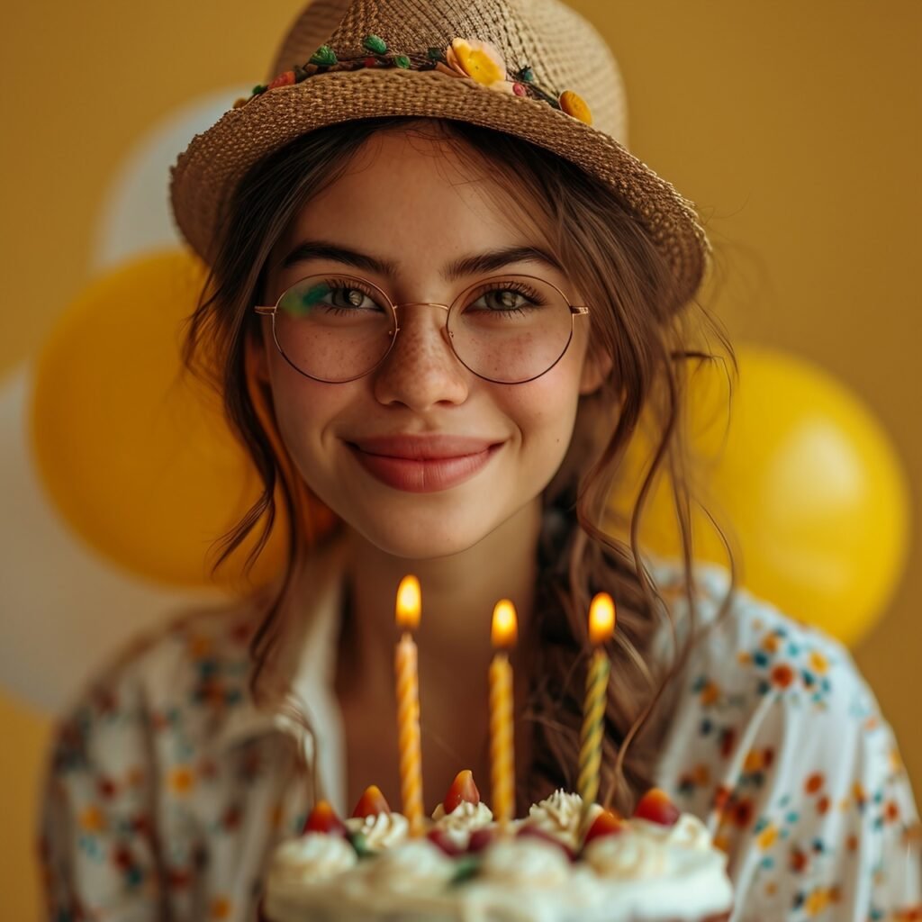 Joyful Celebration Happy, Fun Young Woman Holds Colorful Balloons, Cake, Candles, Casual Wear, Isolated Yellow Background