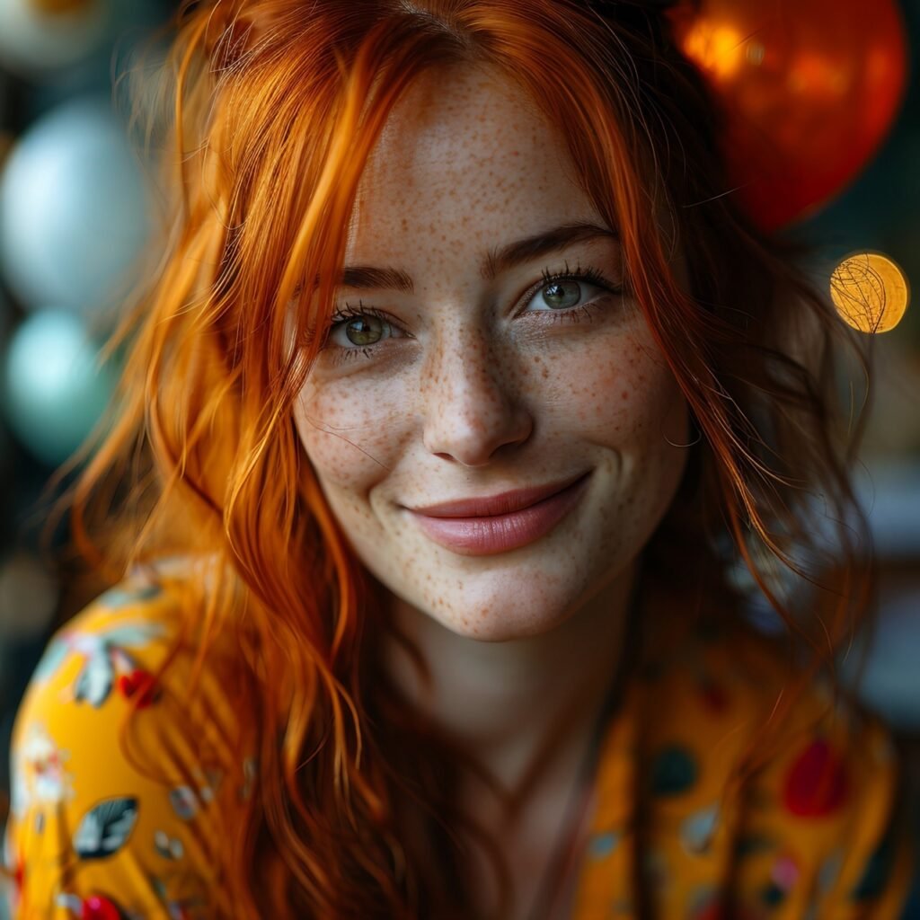 Joyful Indoor Portrait Happy Young Caucasian Woman Laughs, Looks at Camera with Balloons