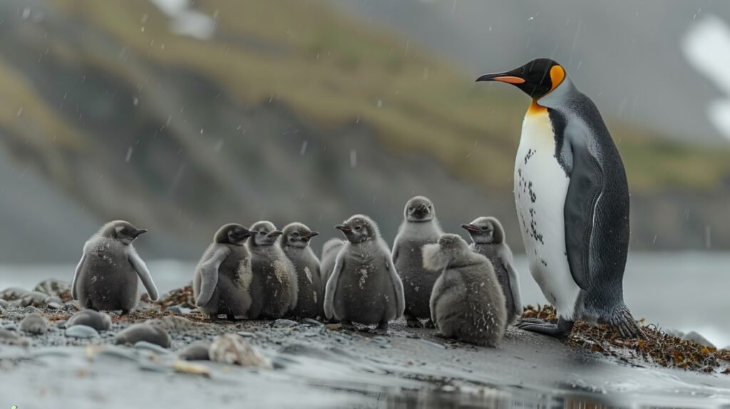 King Penguins with Offspring – Stock Photography Featuring Adult Penguin and Chicks in South Georgia Island