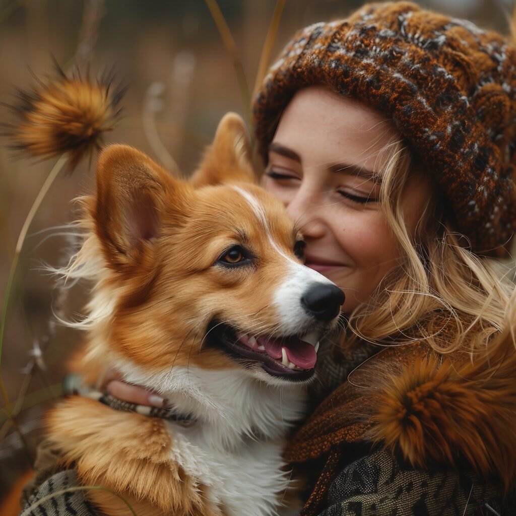 Laughing Corgi Puppy with Young Woman – Stock Photo Portrait Against Beautiful Nature Background