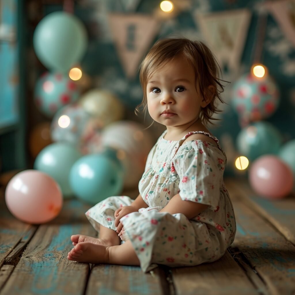 Little Baby Girl Celebrating with ‘One’ and Balloons – Birthday and Milestones Stock Image